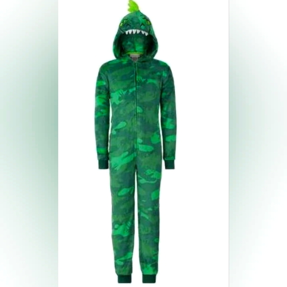 Boys Hooded Green Dinosaur Fleece Sleeper 1-Piece Pajamas Onsie *Size Med 10/12* - Picture 1 of 4
